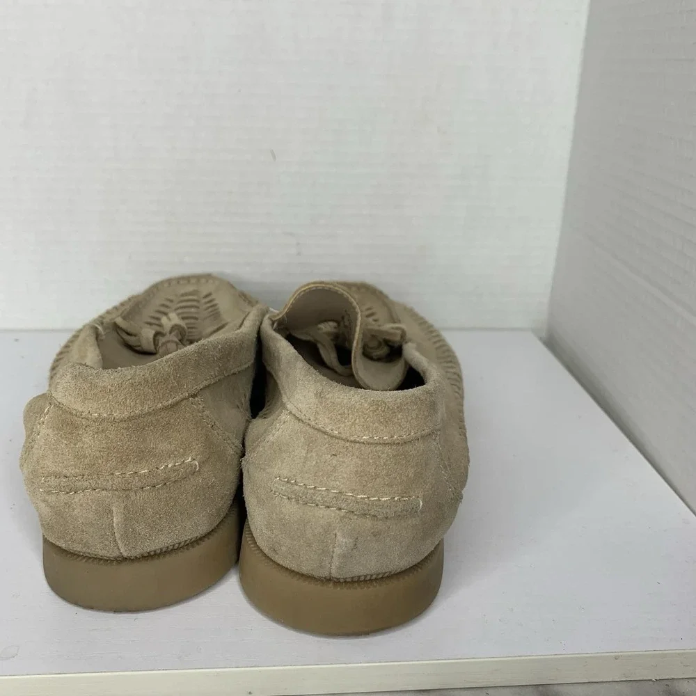 ASOS DESIGN loafers with weave detail in stone suede with natural sole